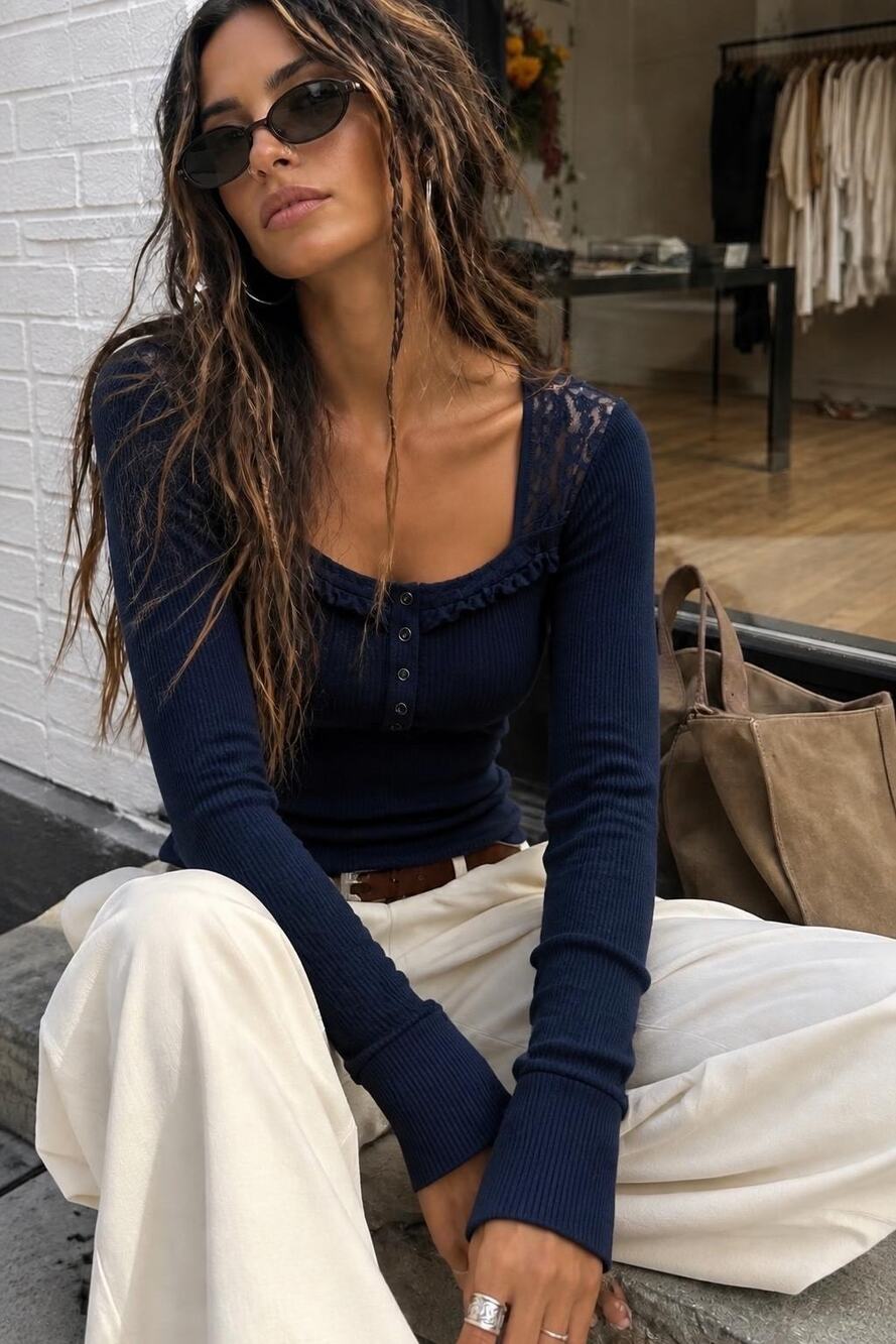 Free People Large Come On Over Ribbed Lace Henley Top Navy Blue Shirt